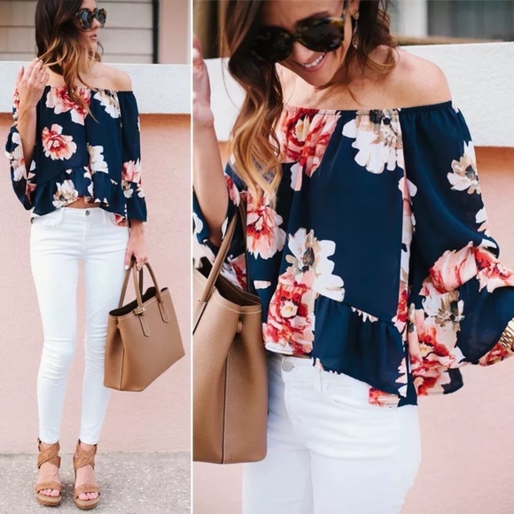 Boutique Tops - Girly & Flirty Boho Floral off shoulder top